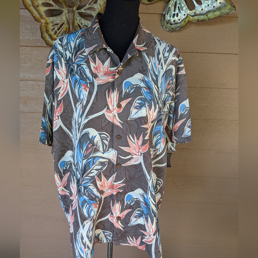 Tommy Bahama Tropical Floral Men's Camp Shirt - Brown and Blue